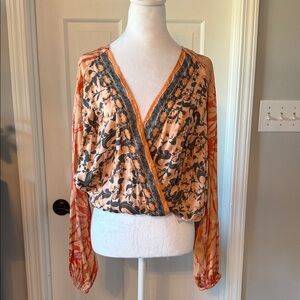 Free People Orange and Black Patterned Blouse